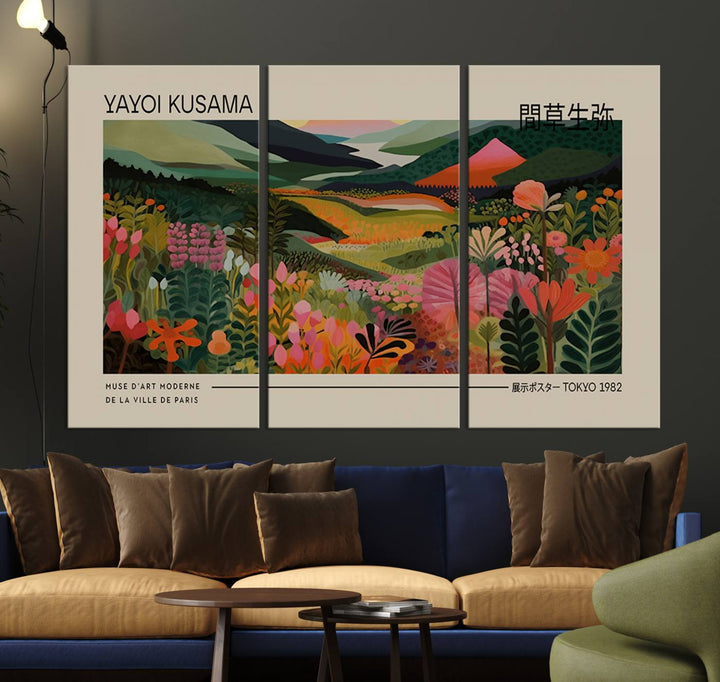 A Yayoi Kusama Landscape Canvas Print brightens the wall with vibrant floral and mountain art.