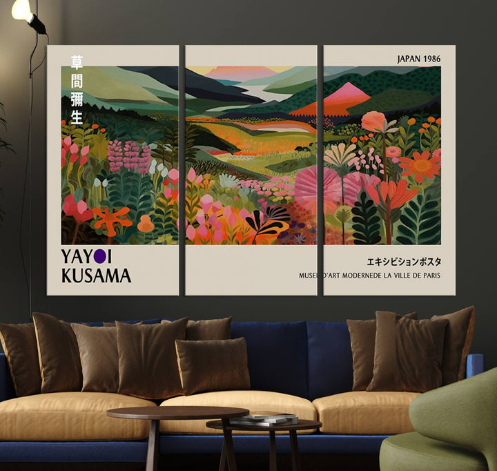 Yayoi Kusamas Landscape Canvas Print with vibrant floral mountain art adorns the wall.