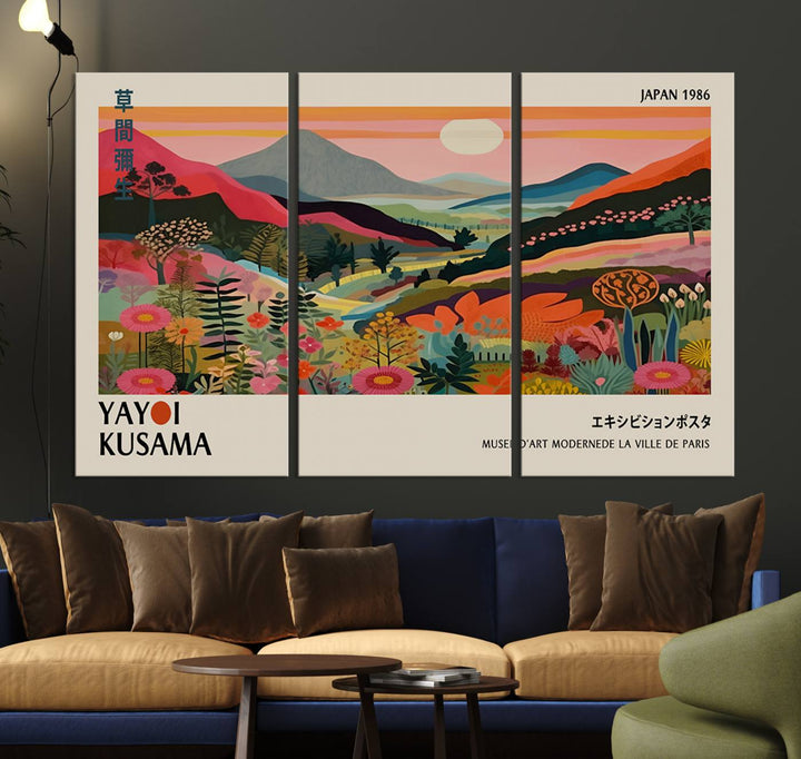 Yayoi Kusama Landscape Canvas Print: Vibrant mountain, sun, trees, and flowers art titled Japan 1936.