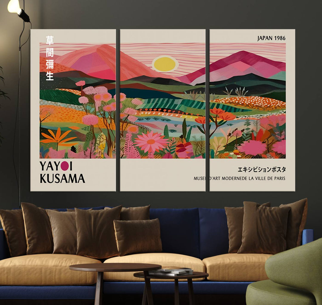 Yayoi Kusama Landscape Canvas Print, featuring a vibrant floral mountain design.