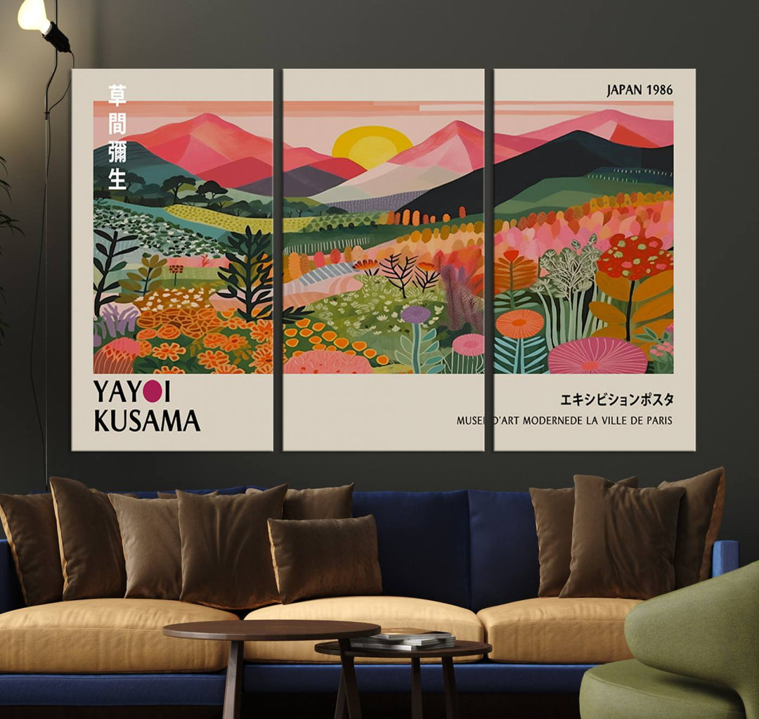 The wall art includes a vintage world map and Yayoi Kusamas colorful landscape.