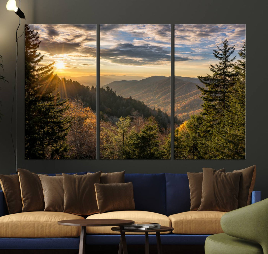 The dining area is beautifully decorated with the Sunrise Over the Smoky Mountains Canvas Wall Art – a breathtaking scenic landscape photography in a stunning triptych that's ready to hang.