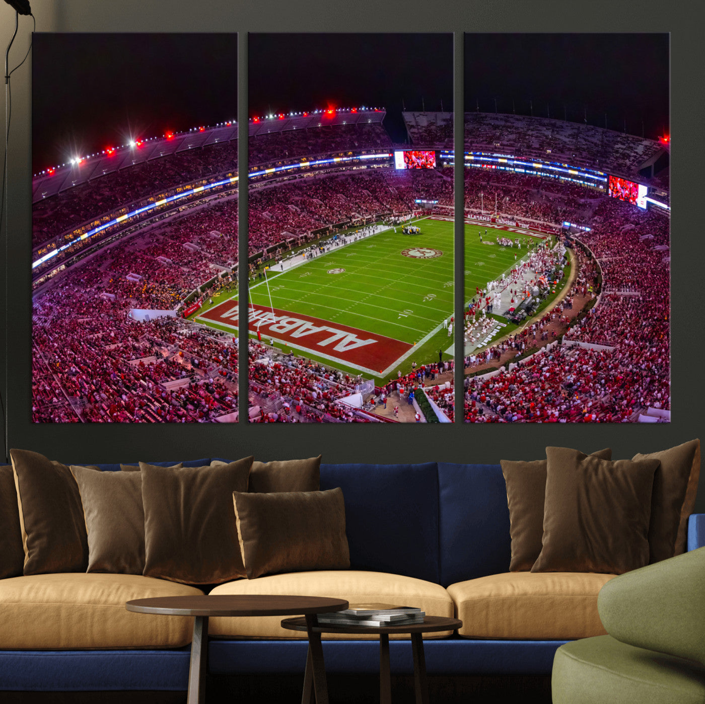 MGV-CV-48X32-3P - Bryant-Denny Stadium Night Game Triple Canvas Wall Art - Alabama Crimson Tide Football Match