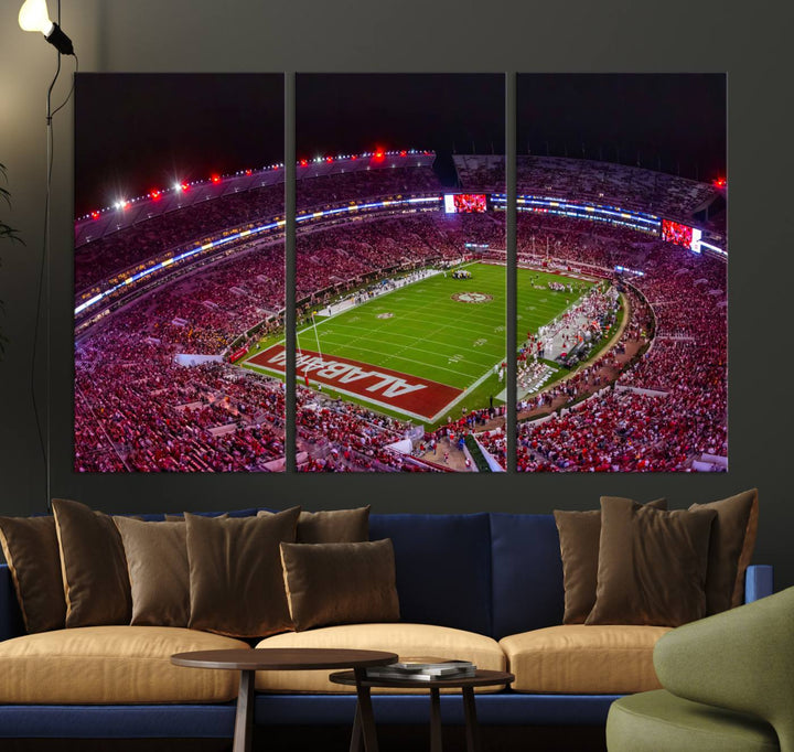 A stunning triptych canvas wall art of the Bryant-Denny Stadium Night Game perfectly captures the energy and excitement of an Alabama Crimson Tide football match at night.