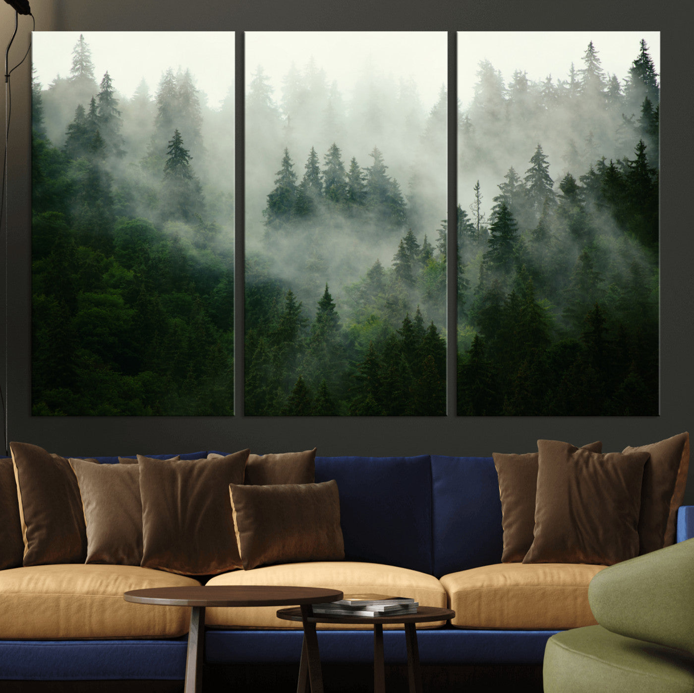MGV-CV-48X32-3P - Misty Forest Mountain Wall Art Canvas  | Large 3-Panel Foggy Landscape Canvas Print | Nature Misty