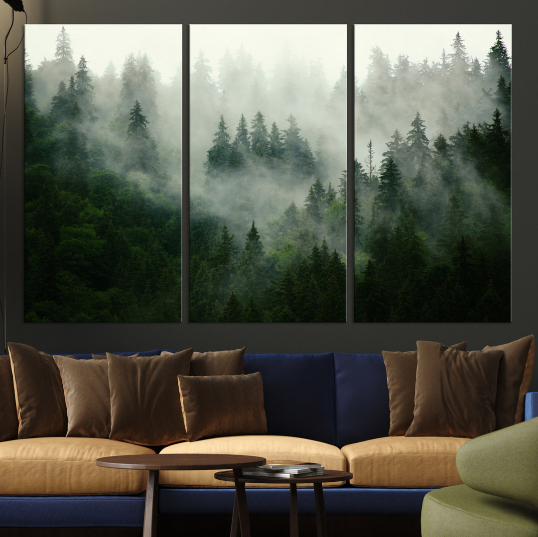 Misty Forest Wall Art Canvas Print - Foggy Forest Landscape Canvas Wall Art – Serene Triptych Nature Print – Woodland Landscape Decor