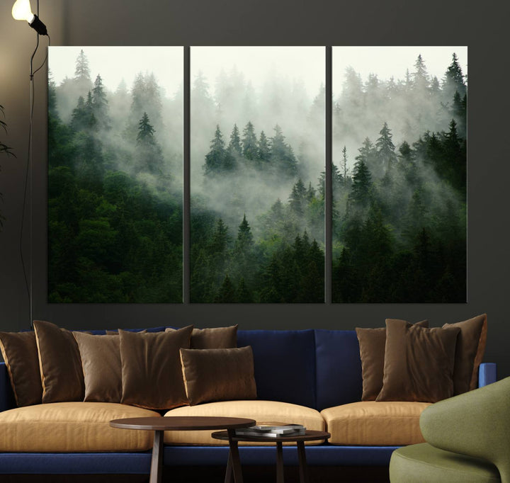 The Misty Forest Wall Art Canvas Print captures a serene, foggy evergreen landscape, evoking a mysterious woodland ambiance.