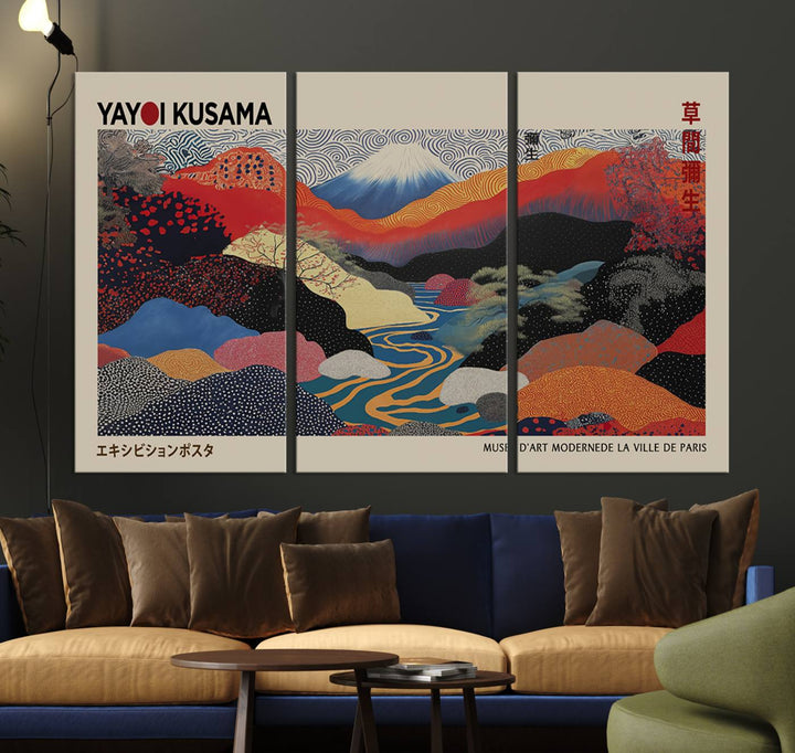 The room showcases Kusamas 1986 vibrant abstract landscape wall art print.