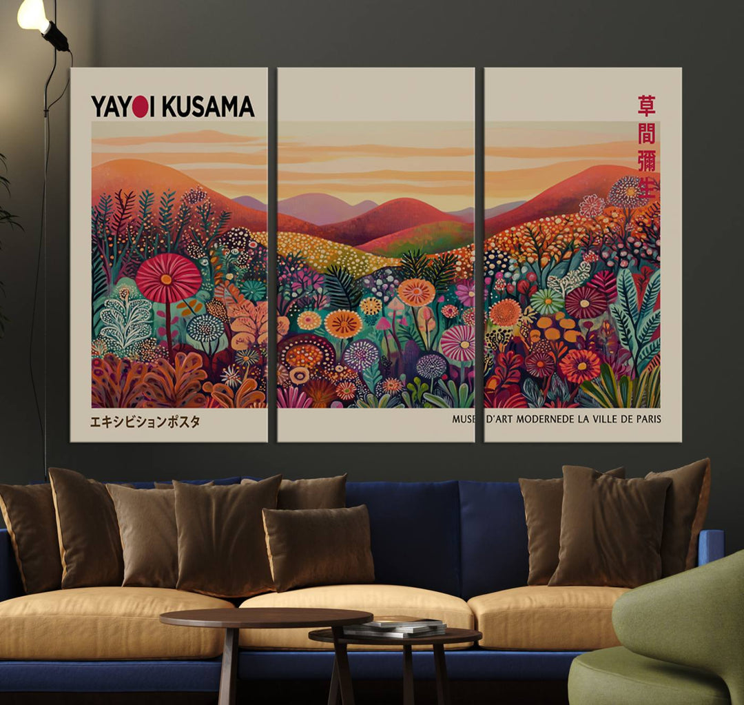 A framed Yayoi Kusama abstract landscape art print adorns the wall.