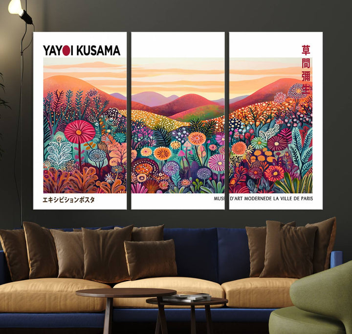 A Framed Yayoi Kusama 1986 Wall Art Print, showcasing a vibrant abstract landscape with flowers and reflecting the Wabi Sabi style, is displayed.