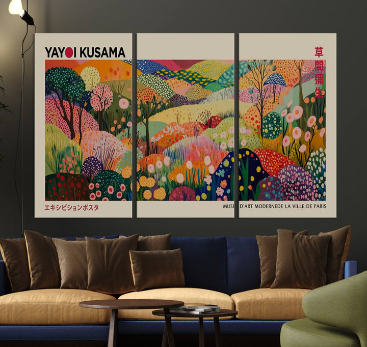 The Framed Yayoi Kusama 1986 Wall Art Print, a vibrant abstract landscape canvas inspired by Japanese design, adds a striking element to the bright room.