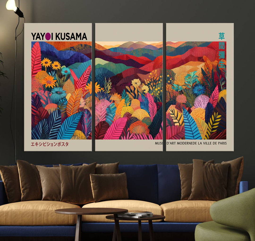 A Yayoi Kusama 1986 wall art print adds color in a modern living room.