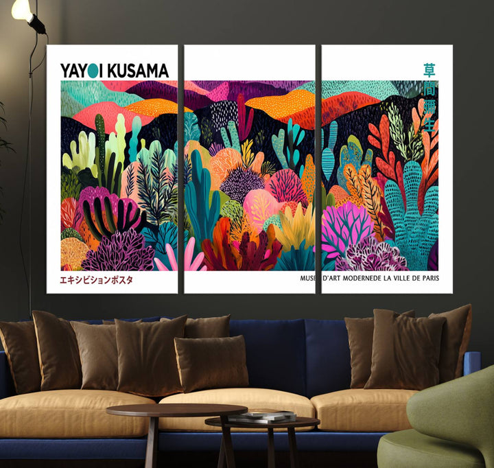 Yayoi Kusamas vibrant abstract landscape print.