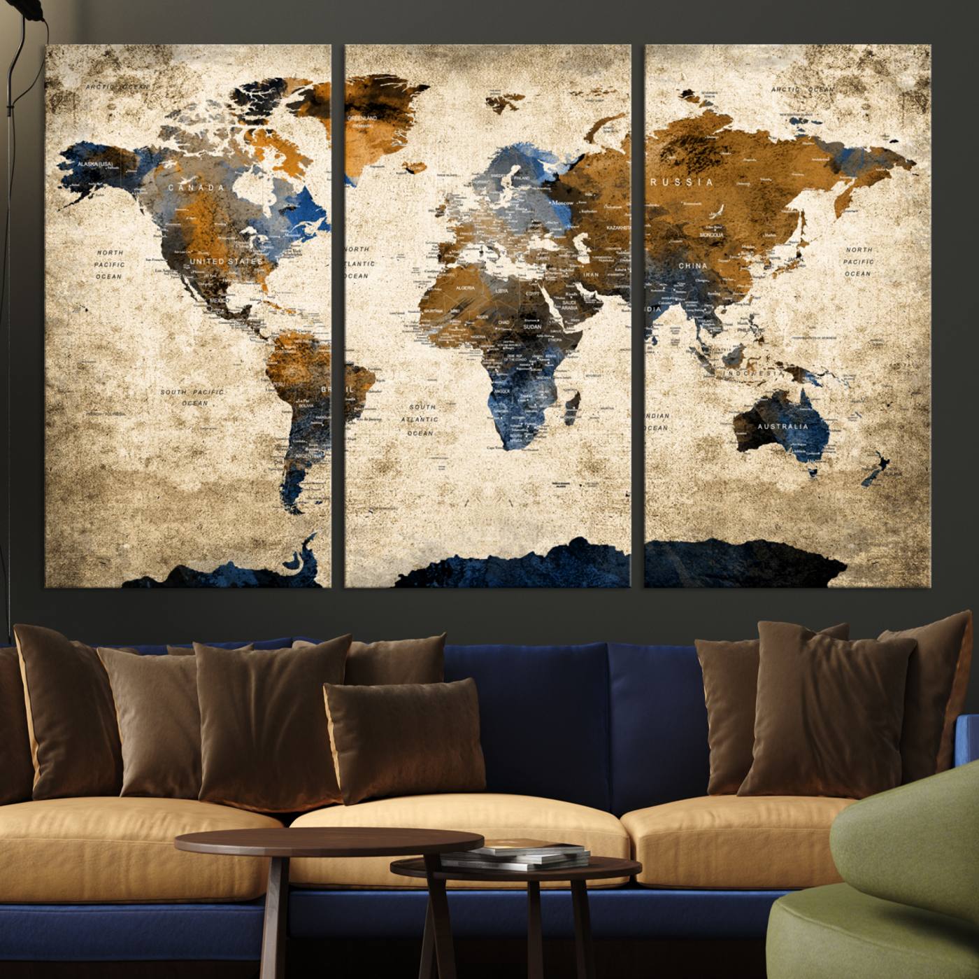 51140-MGV-CV-36X24-Vintage World Map Canvas Wall Art – Textured Triptych Map Print – Global Decor for Living Room or Office – Ready to Hang