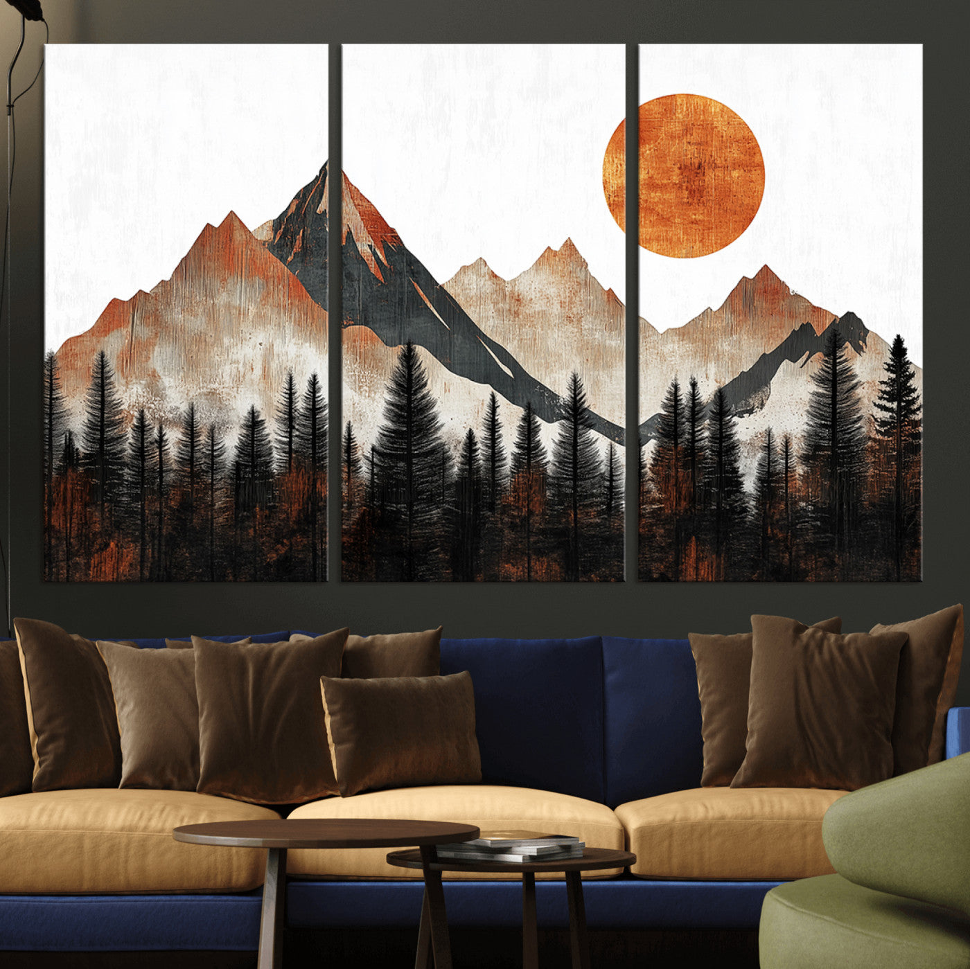 MGV-CV-48X32-3P - Modern Abstract Mountain Canvas Wall Art Print, Abstract Landscape Print, Rustic Sun and Mountains