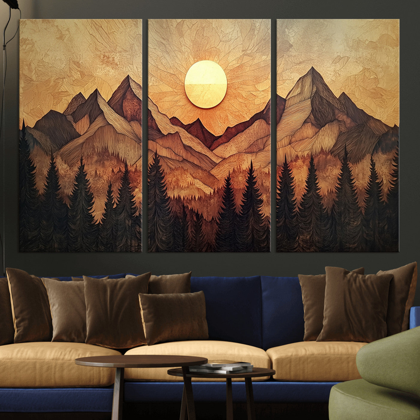 MGV-CV-48X32-3P - Wood Style Abstract Mountain Sunset Canvas Wall Art Print - Warm Earth Nature-Inspired Decor for