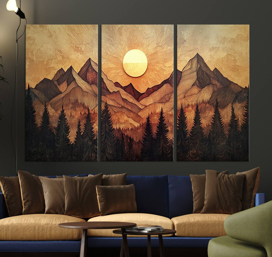 The dining area features a Wood Style Abstract Mountain Sunset canvas wall art print.