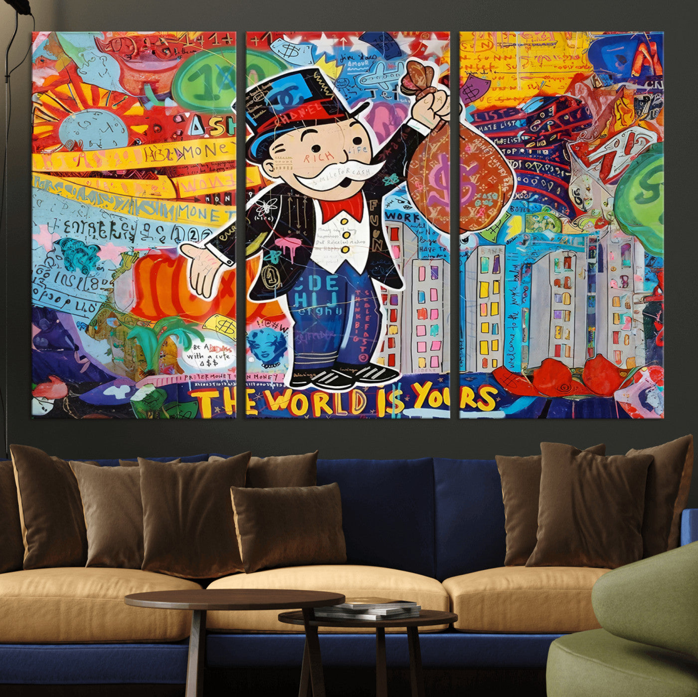 96320-MGV-CV-36X24-Pop Art Monopoly Man Canvas Wall Art Print - Bold and Colorful Street Art-Inspired Decor for Living