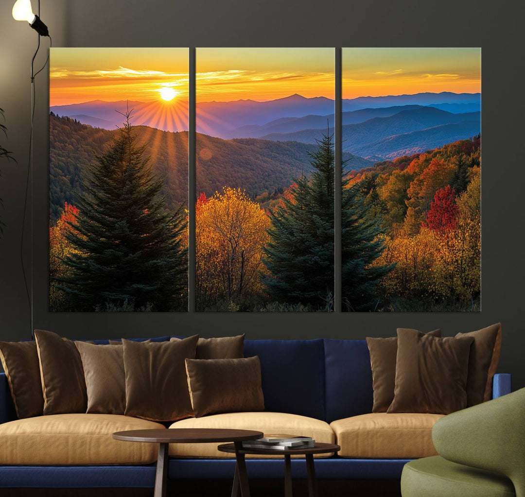 Golden Sunset Over Mountain Forest Canvas Wall Art Print - Warm Nature-Inspired Landscape for Living Room, Dining Room, or Office, Ready to Hang