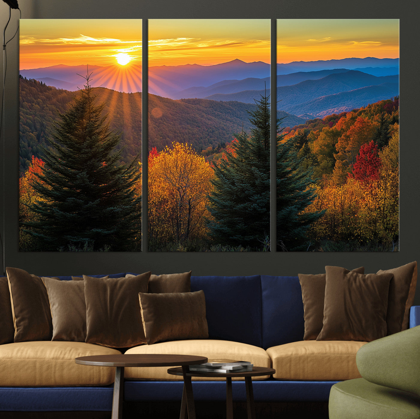 MGV-CV-48X32-3P - Golden Sunset Over Mountain Forest Canvas Wall Art Print - Warm Nature-Inspired Landscape for Living