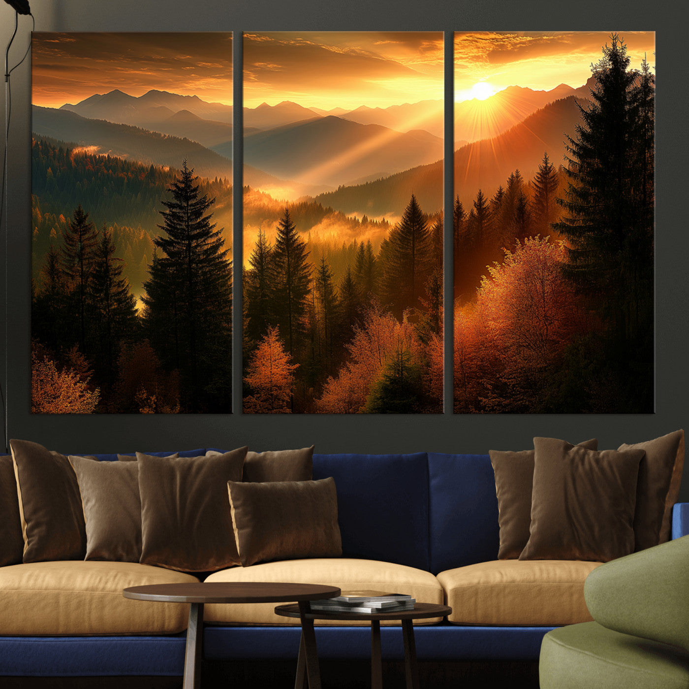 MGV-CV-48X32-3P - Golden Sunset Over Mountain Forest Canvas Wall Art Print - Warm Nature Landscape Print