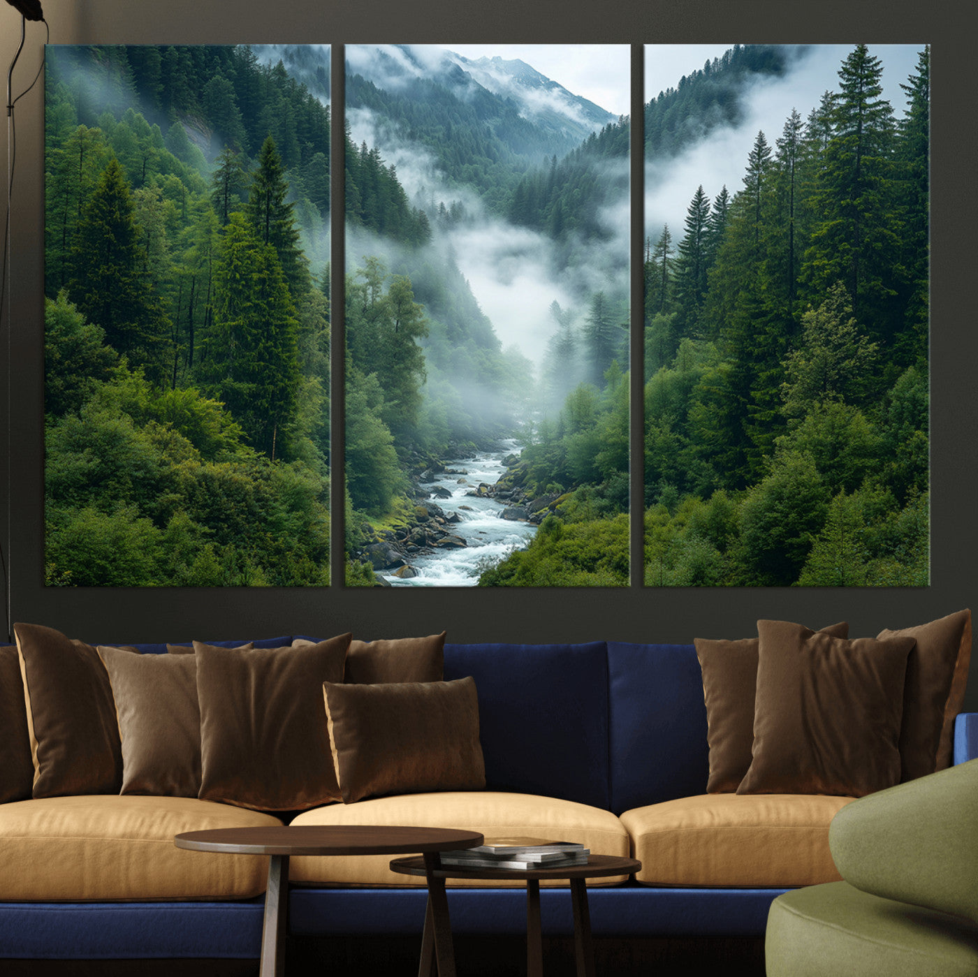 MGV-CV-48X32-3P - Mountain Forest River Canvas Wall Art Print - Serene Nature Landscape for Living Room, Office, or