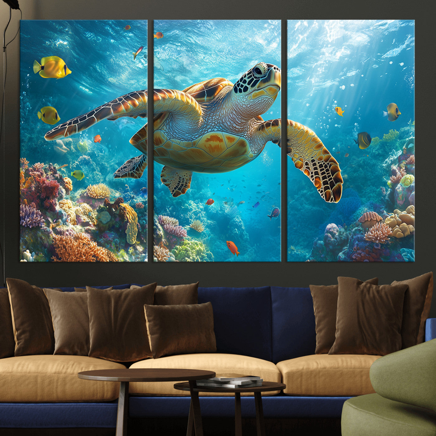 MGV-CV-48X32-3P - Sea Turtle Underwater Canvas Wall Art Print - Vibrant Ocean Wildlife Decor, Marine Wall Art