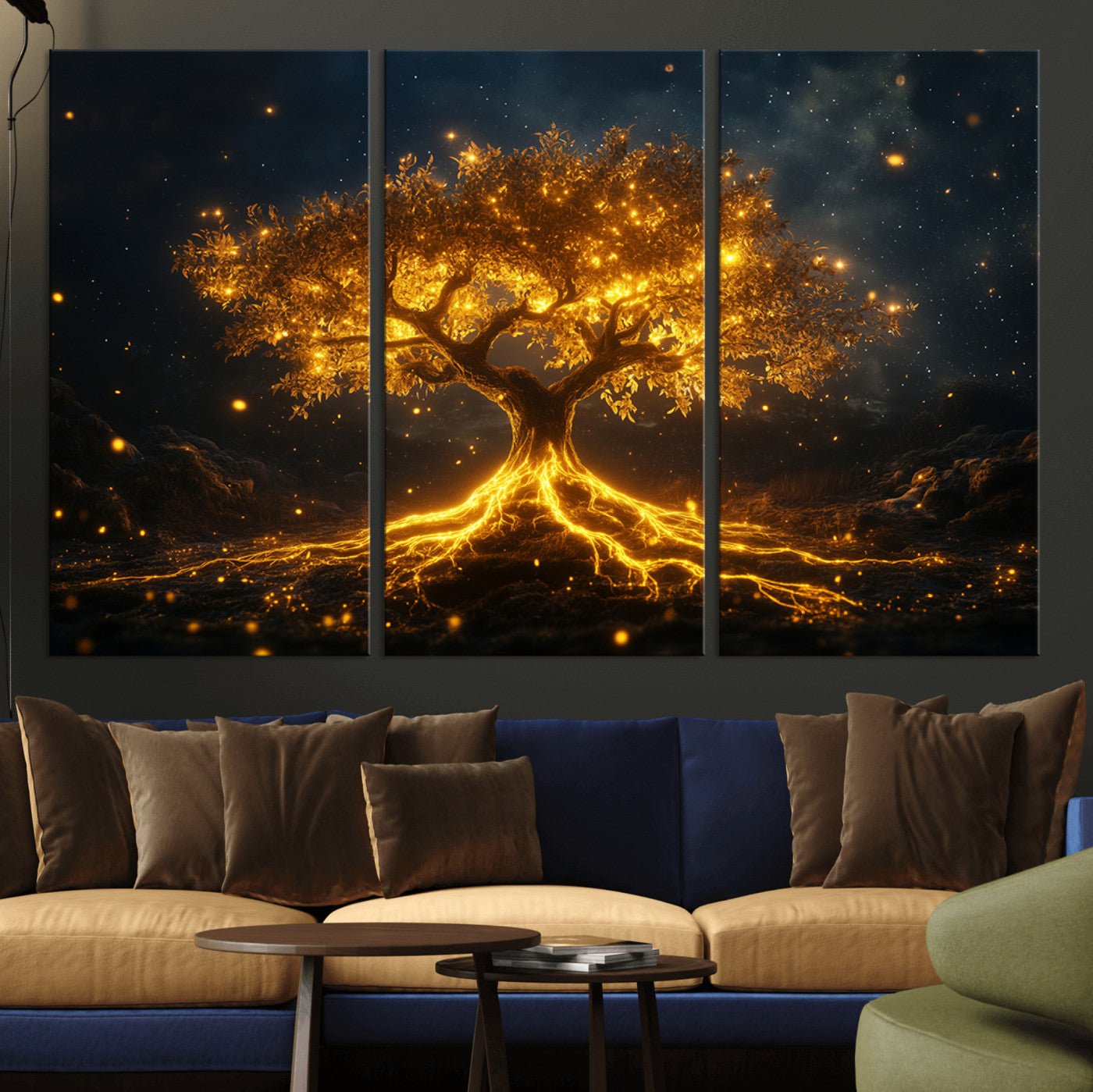 MGV-CV-48X32-3P - Golden Tree of Life Canvas Wall Art Print - Majestic Glowing Tree Design for Living Room, Office, or