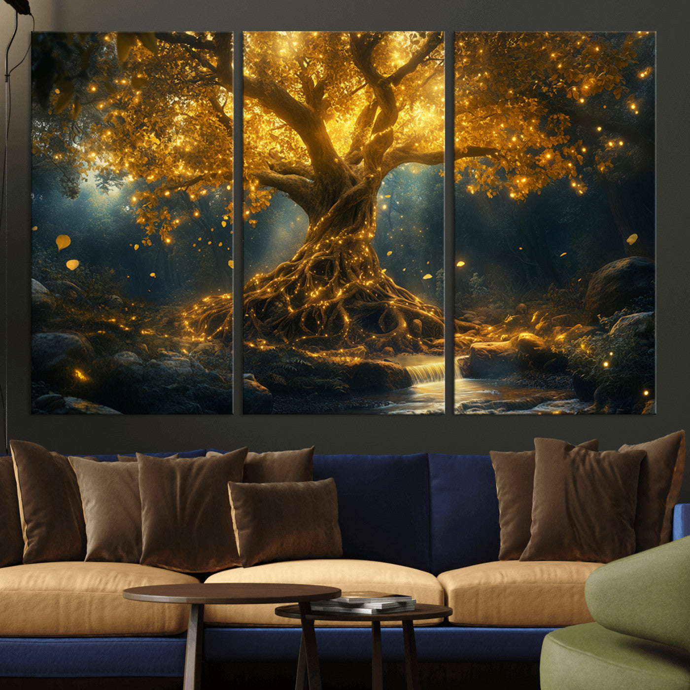 MGV-CV-48X32-3P - Golden Tree of Life Canvas Wall Art Print - Majestic Glowing Tree Wall Art Print