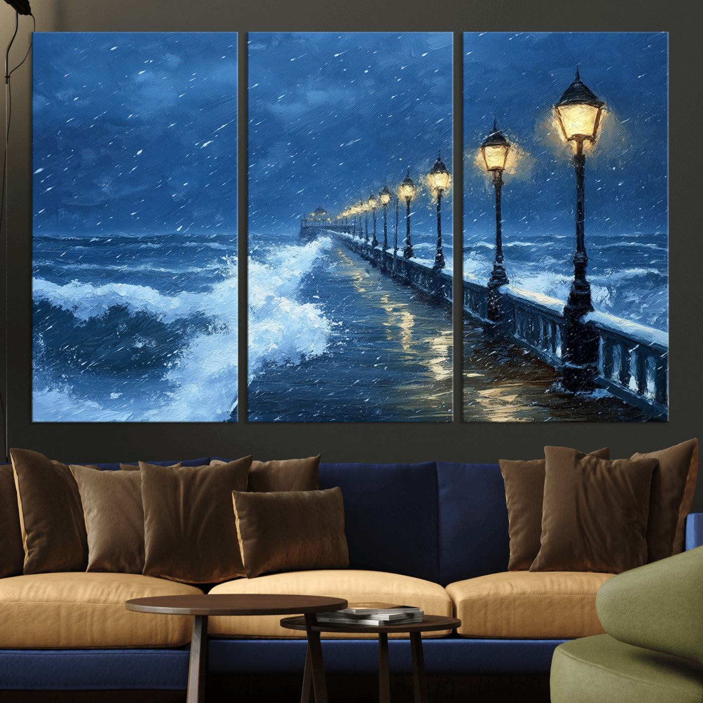 MGV-CV-48X32-3P - Stormy Ocean Pier Lights Canvas Wall Art Print - Large Moody Night Scene for Living Room, or Office,