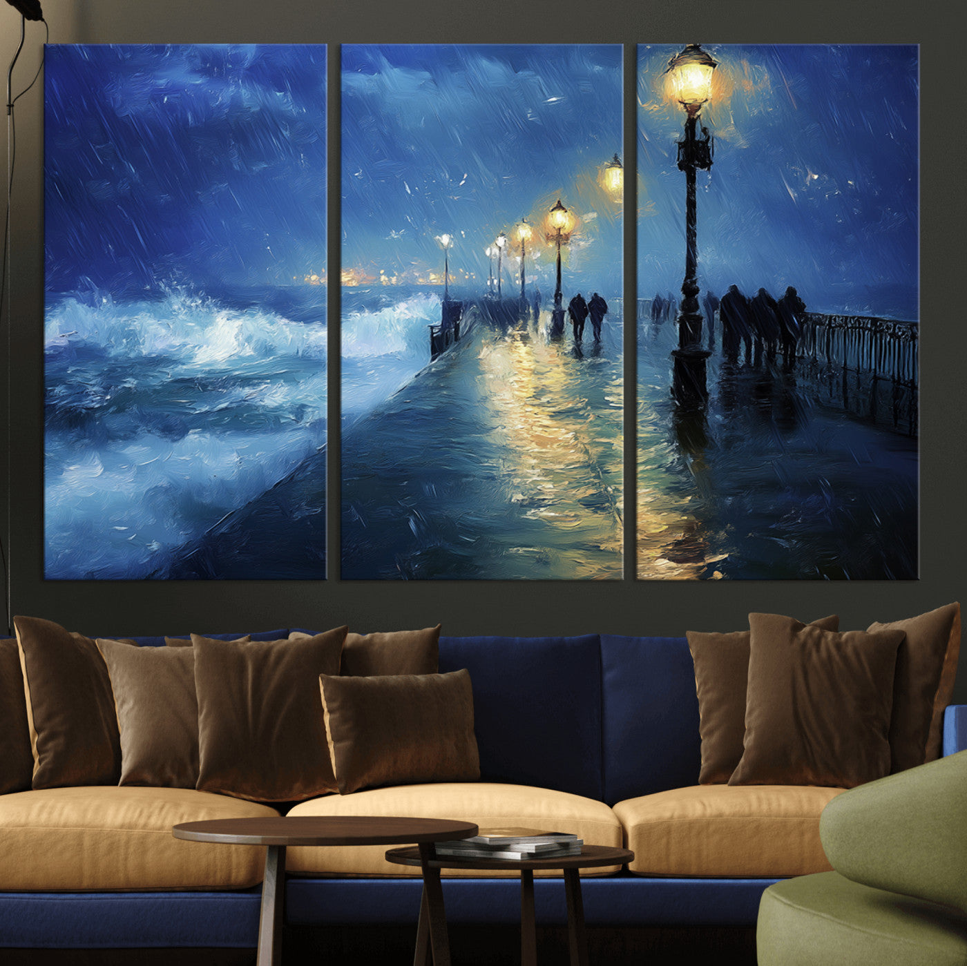 94571-MGV-CV-36X24-Storm Ocean Pier Canvas Wall Art Print - Large Moody Night Scene Print, Seaside Wall Decor