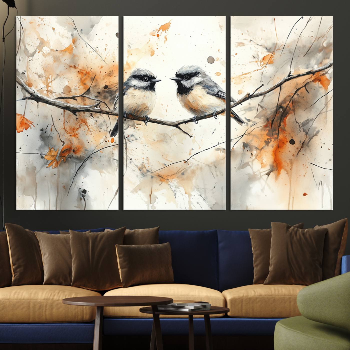 A soft and elegant watercolor painting of two chickadees perched on a delicate branch, surrounded by splashes of orange and neutral tones evoking a calm autumn day.