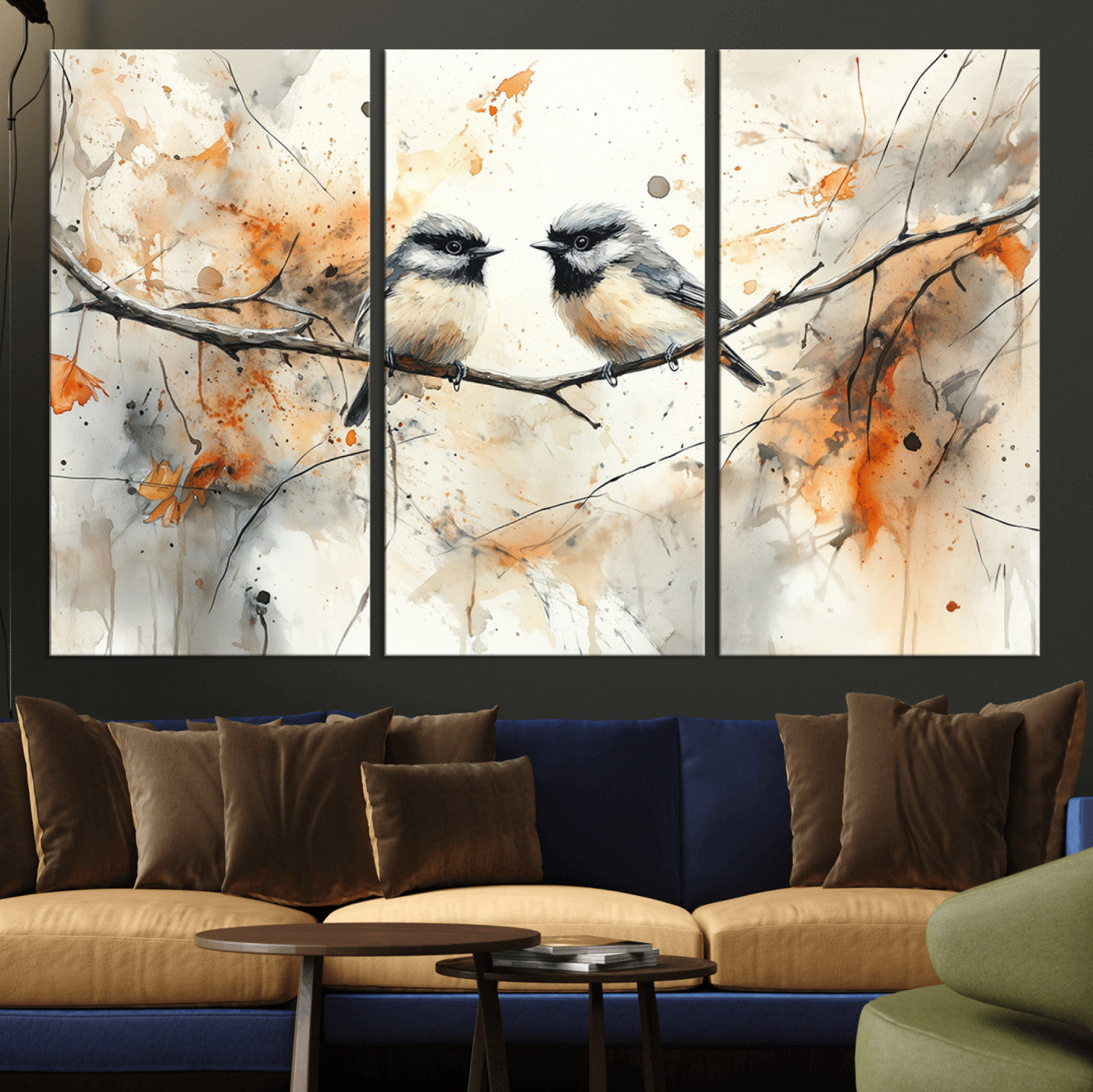 98244-MGV-CV-36X24-Abstract Watercolor Chickadee Bird Canvas Wall Art Print - Large Bird and Branch Wall Art, Modern