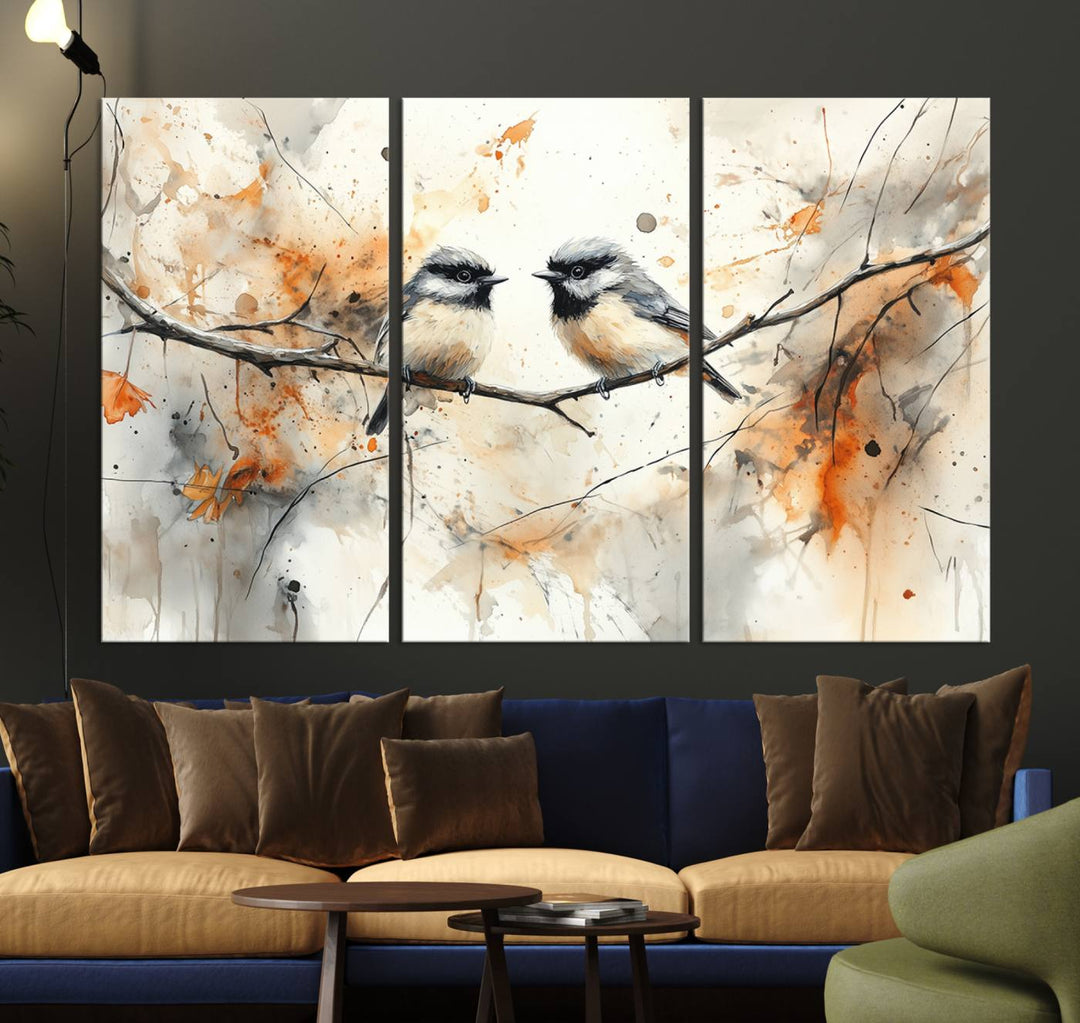 The living room features abstract watercolor chickadee bird art on the wall.