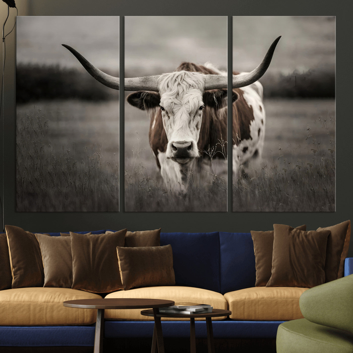 MGV-CV-48X32-3P - Texas Longhorn Cow Canvas Wall Art Print - Large Rustic Longhorn Art for Living Room, Western Wall