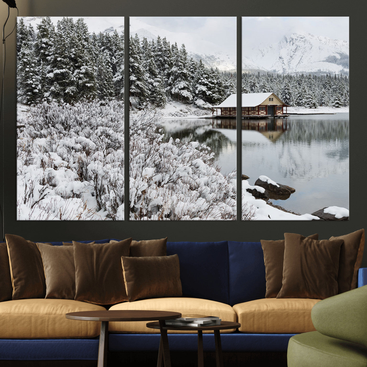 MGV-CV-48X32-3P - Winter Wall Art - Cabin by the Lake Canvas Wall Art - Serene Snowy Landscape with Mountain View,