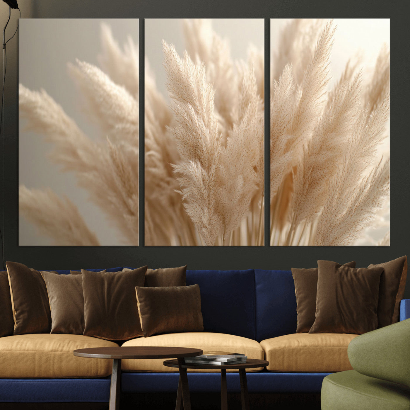 MGV-CV-48X32-3P - Pampas Grass Canvas Wall Art - Elegant Neutral Decor for Living Room, Boho Minimalist Artwork, Ready