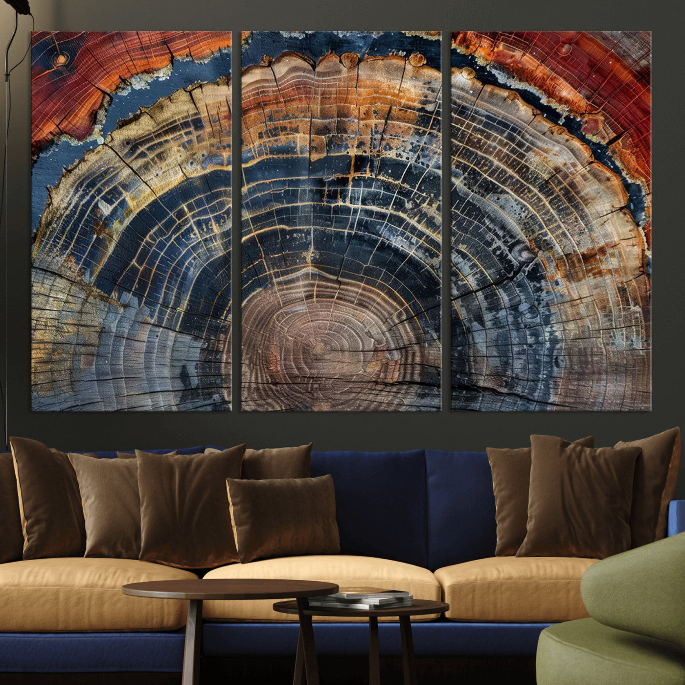 MGV-CV-48X32-3P - Abstract Tree Ring Wall Art, Colorful Framed Tree Ring Wall Decor, Minimalist Home Canvas Art,