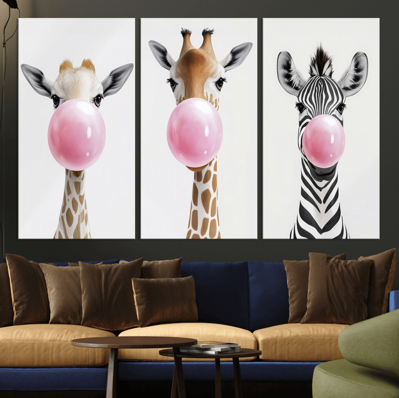 71987-MGV-CV-36X24-Bubblegum Animals Canvas Wall Art - Playful Giraffe and Zebra Trio, Fun Nursery Decor for Kids'