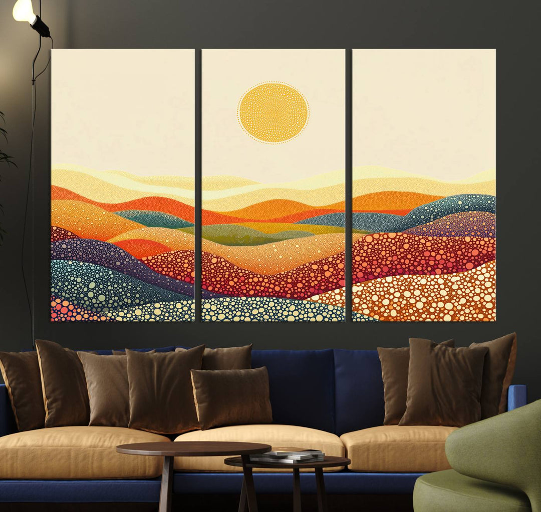 A captivating piece, the YAYOI KUSAMA Colorful Dot Art Landscape Canvas, showcases framed abstract pointillism with vibrant rolling hills and a sun. This handmade wall art is crafted on premium canvas for a gallery-quality finish.