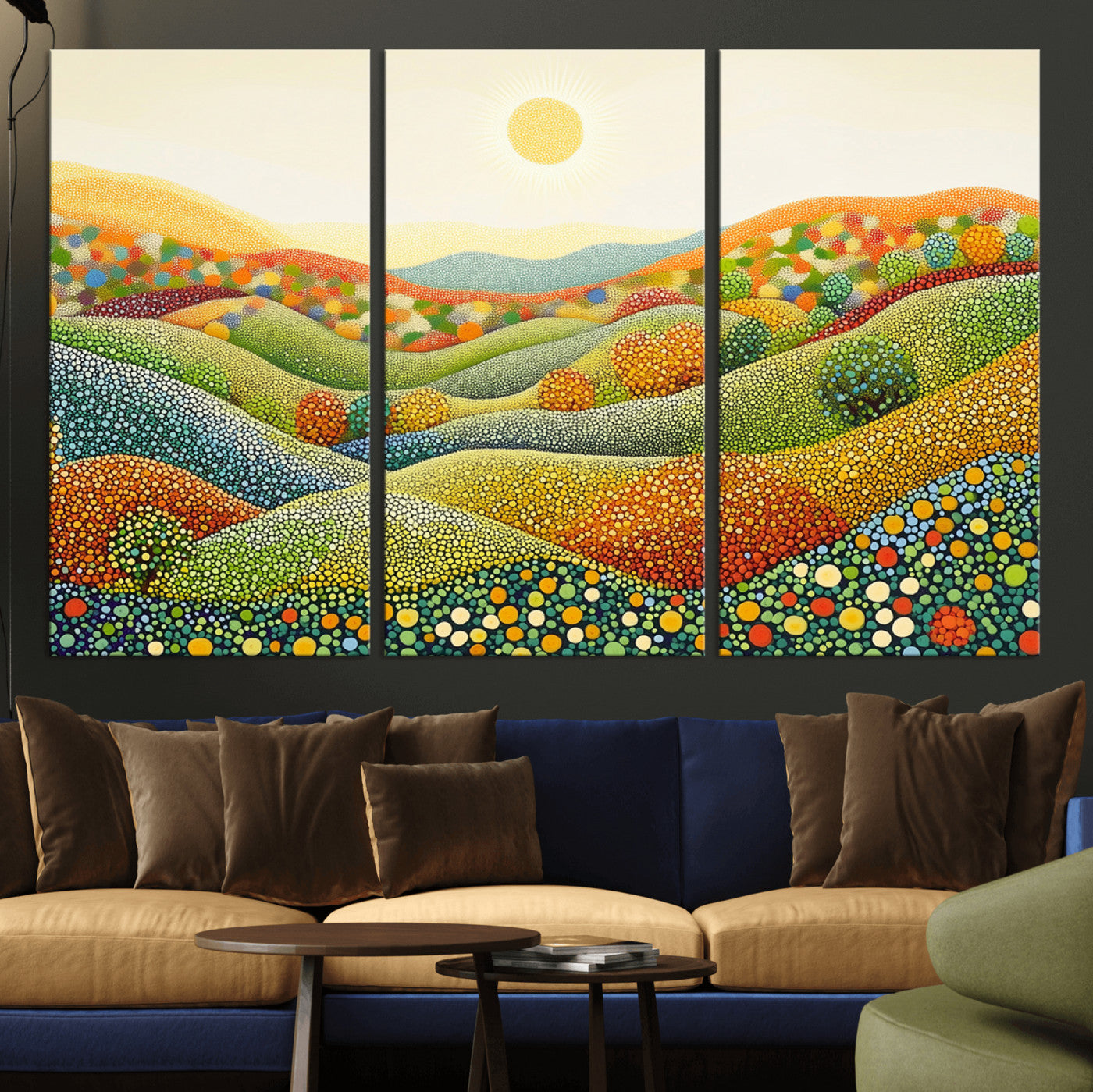 MGV-CV-48X32-3P - YAYOI KUSAMA Wall Art - Colorful Dot Art Landscape Canvas, Framed Japanese Dot Art