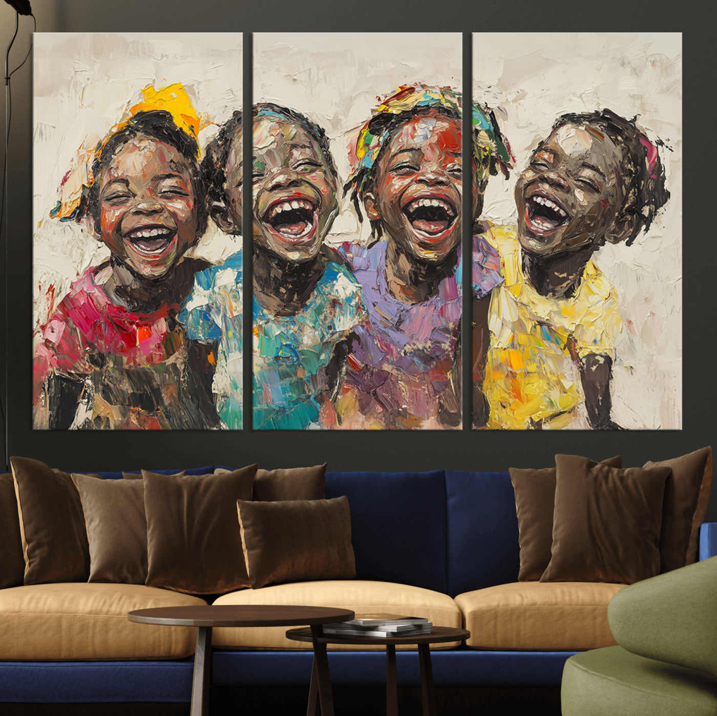MGV-CV-48X32-3P - Shai Yossef style Joyful Childhood Canvas Wall Art - Expressive Impasto Painting of Black Children