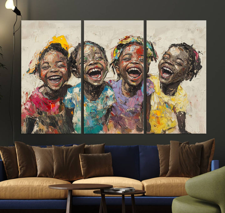 The Shai Yossef style "Joyful Childhood Canvas Wall Art" beautifully depicts an expressive impasto painting of three cheerful black children laughing, capturing the joyous essence of childhood.