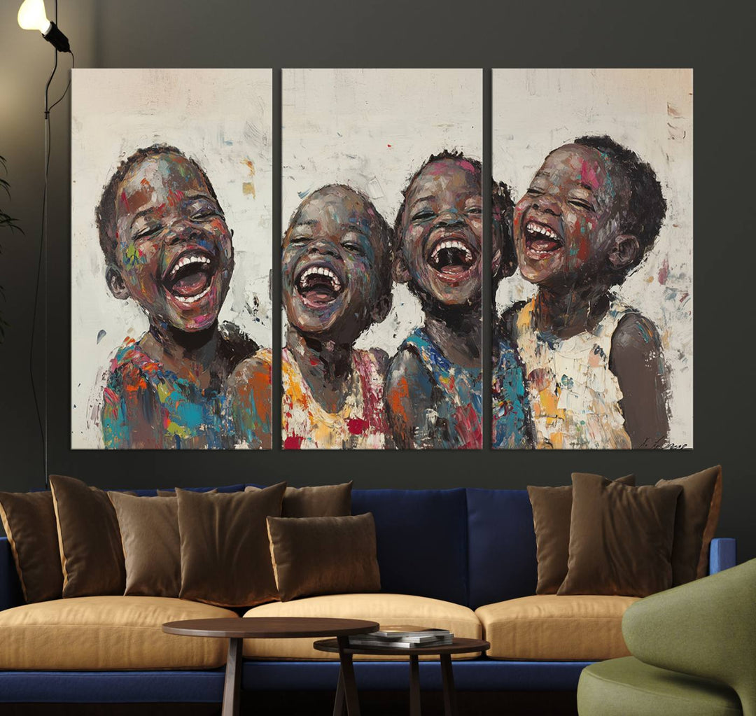 This Shai Yossef Print - Joyful Childhood Canvas Wall Art is an expressive impasto painting of laughing children. As framed abstract art for your living room, it adds a touch reminiscent of Shai Yossef's unique style to any living space.