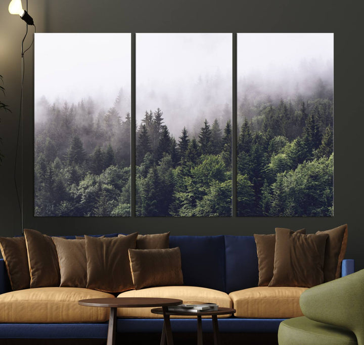 A serene triptych nature print featuring a misty forest, perfect as wall art.