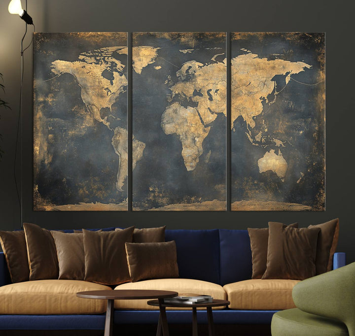 Grunge World Map Canvas Wall Art - Vintage Aged World Map with Golden Tones, Framed Artwork for Living Room, Office, or Study Decor