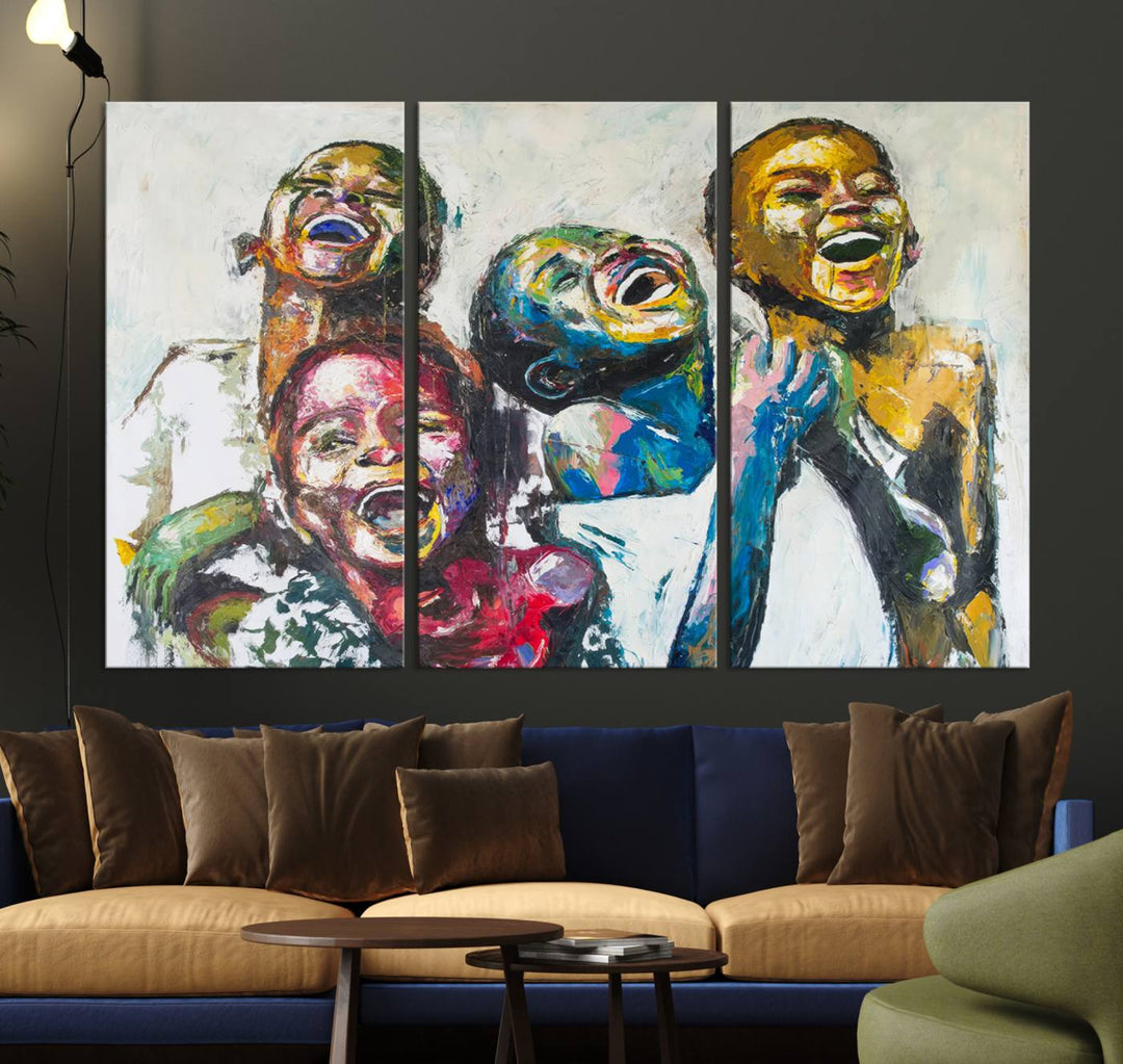 A vibrant Shai Yossef canvas art of joyful kids hangs prominently.