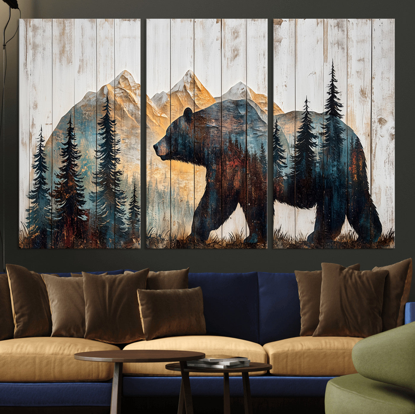 MGV-CV-48X32-3P - Rustic Bear Wall Art - Grizzly 399 Bear Wall Art - Mountain Wood Canvas Wall Art - Nature Theme