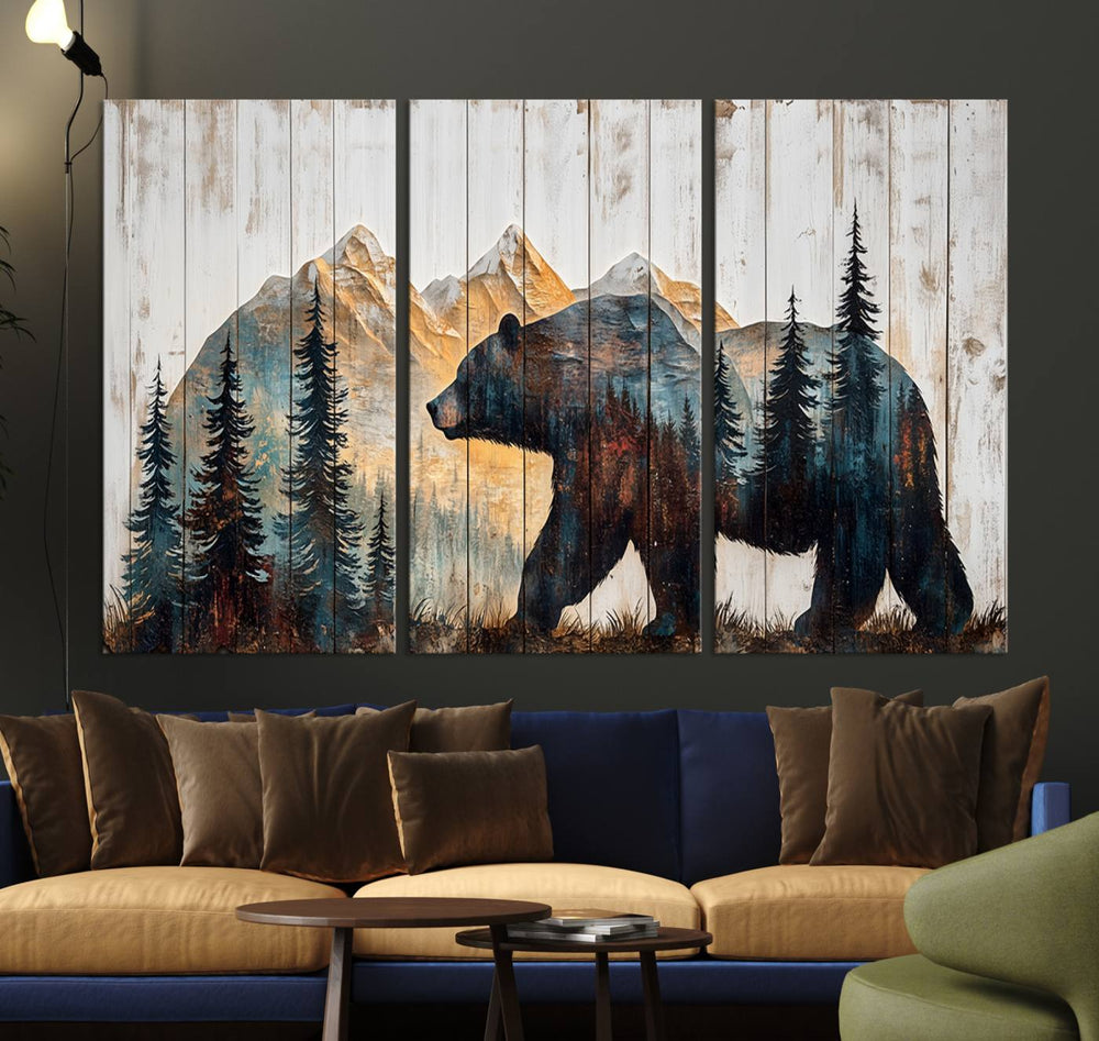 Grizzly 399 Wall Art triptych features a serene mountain scene.