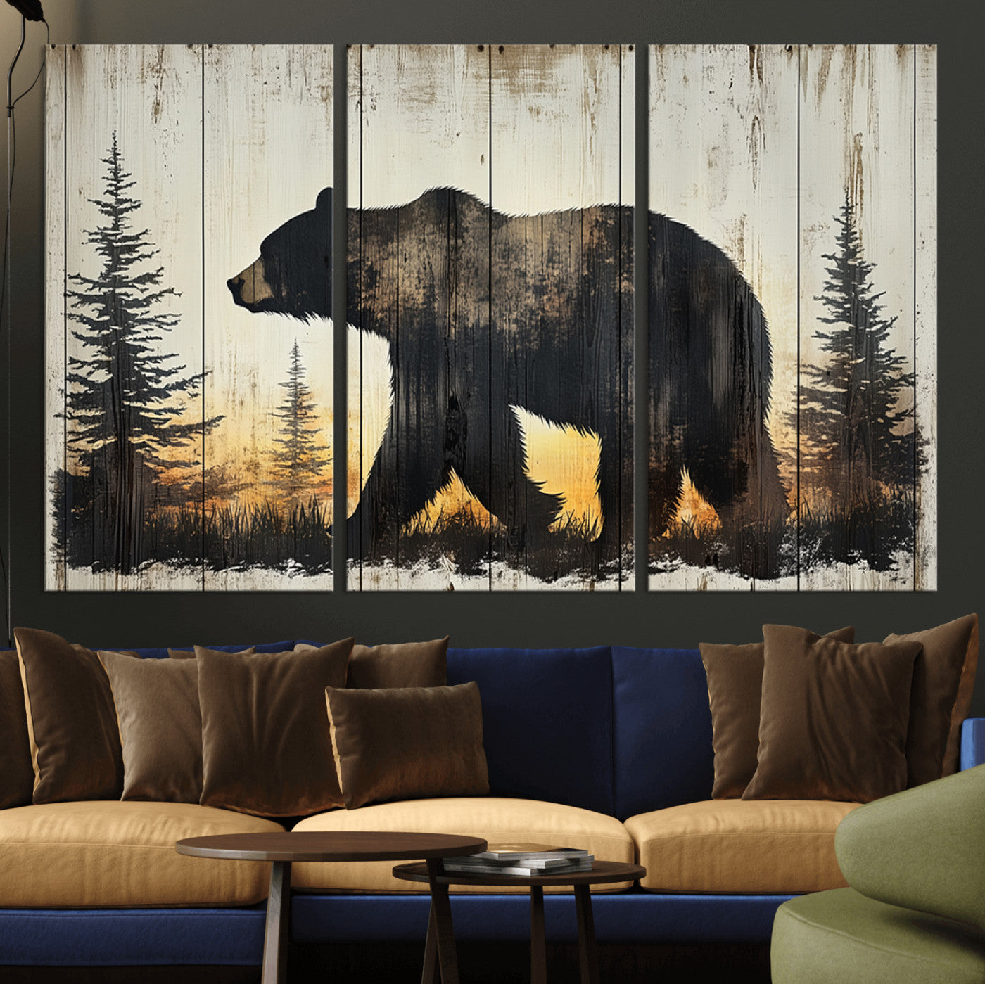 MGV-CV-48X32-3P - Vintage Bear Wall Art Canvas Print for Farmhouse - Mountain Wood Canvas Wall Art - Forest Silhouette
